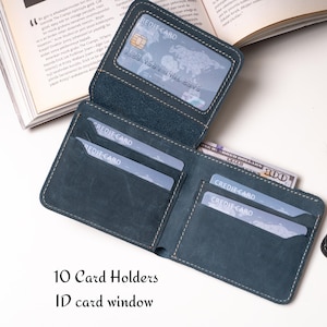 Cartera de cuero genuino para hombres, cartera de cuero personalizada, diseño delgado con 10 tarjeteros y bolsillo para efectivo, cartera de cuero de tres pliegues para hombres