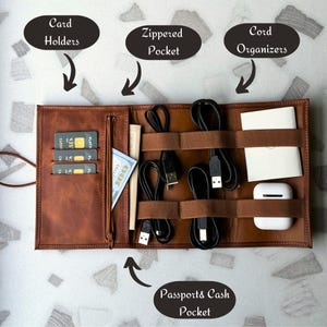 Leather Cable Organizer, Tech Organizer, Charger Holder, Cable Bag, Travel Organizer, Personalized Leather Cable Organizer, Traveler&#39;s Gift