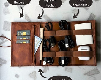 Leather Cable Organizer, Tech Organizer, Charger Holder, Cable Bag, Travel Organizer, Personalized Leather Cable Organizer, Traveler&#39;s Gift