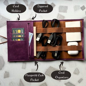 Leather Cable Organizer, Tech Organizer, Charger Holder, Cable Bag, Travel Organizer, Personalized Leather Cable Organizer, Traveler&#39;s Gift