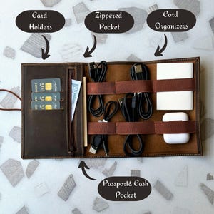 Leather Cable Organizer, Tech Organizer, Charger Holder, Cable Bag, Travel Organizer, Personalized Leather Cable Organizer, Traveler&#39;s Gift