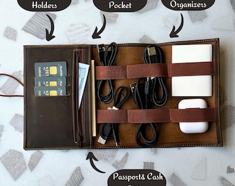 Leather Cable Organizer, Tech Organizer, Charger Holder, Cable Bag, Travel Organizer, Personalized Leather Cable Organizer, Traveler&#39;s Gift