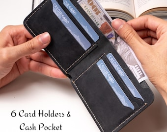 Cartera de cuero genuino personalizada para hombres, diseño delgado con 6 tarjeteros y bolsillo para efectivo, billetera plegable de cuero para hombres, billeteras personalizadas para regalar