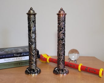 Vertical incense burner with bronze-tone and copper tone, Dragon and Phoenix details