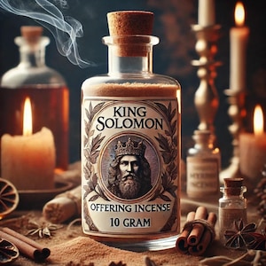 Puede incluir: Un frasco de vidrio con una etiqueta marrón que dice "King Solomon Offering Incense 10 gram". La etiqueta presenta una ilustración de un hombre con barba y corona. El frasco está sentado sobre una superficie marrón con palitos de canela y anís estrellado.