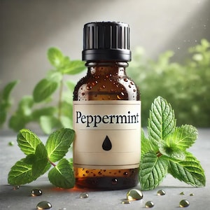 May include: A brown glass bottle with a black cap and a white label that says "Peppermint". The bottle is surrounded by green mint leaves.