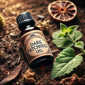 May include: A small dark brown glass bottle with a black cap and a label that reads "DARK PATCHOULI OIL". The bottle is resting on a bed of brown soil with green leaves and other natural elements.
