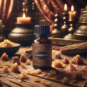 May include: A dark brown glass bottle with a black cap and a gold label that says "FRANKINCENSE". The bottle is sitting on a wooden surface with small pieces of amber-coloured resin.