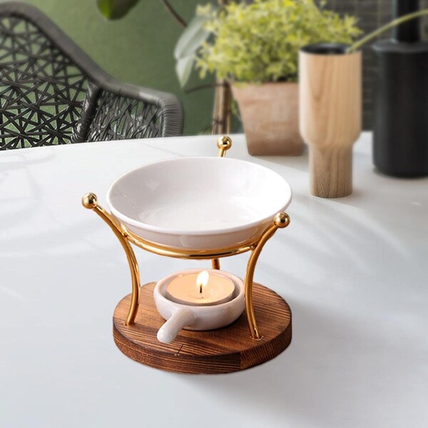 European Metal And Wooden Oil Burner Wax Warmer, Delicate Romantic Ceramic Tealight Candle Holder Oil Burner