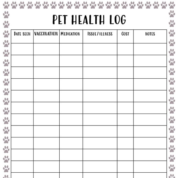 Pet Health Log, Printable Dog Health Log, Pet Health Tracker, Pet Log, Dog Medication Log, Pet Vet Visit Log