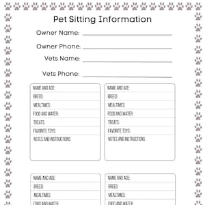 Pet Sitting Information Sheet, Dog Sitter Information Sheet, Cat Sitter Information, House Sitter Information, Fur Baby Care Information