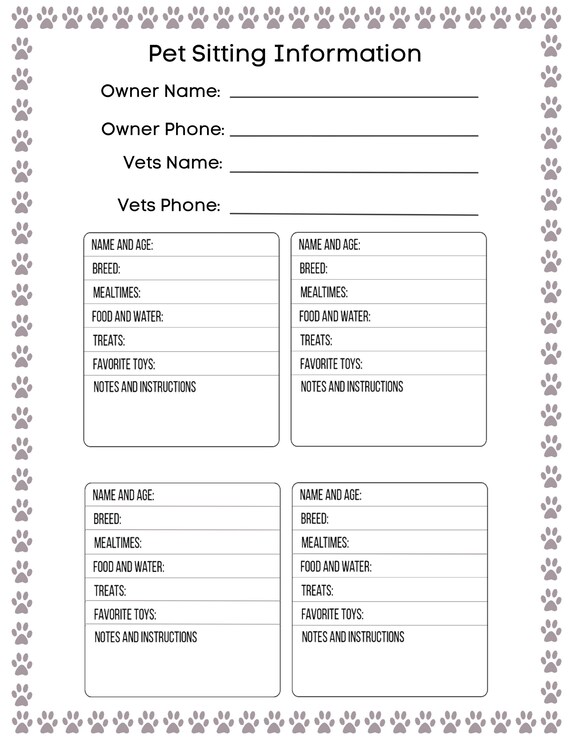 Pet Sitting Information Sheet Dog Sitter Information Sheet - Etsy