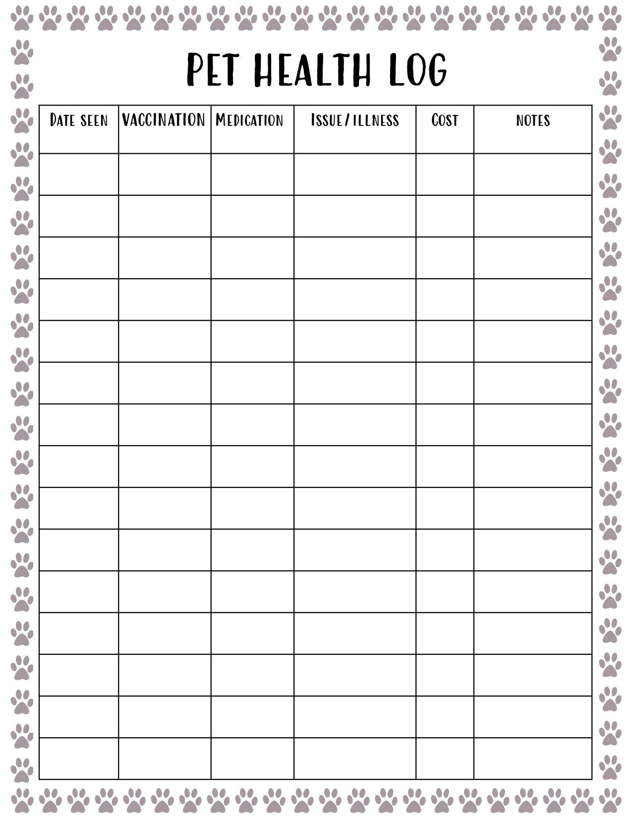 Pet Health Log, Printable Dog Health Log, Pet Health Tracker, Pet Log