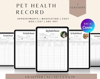 Pet Health Record Printable, Vet Visit Tracker, Dog Medical Record Organizer, Vaccination Log, Cat Health Binder, Care Journal PDF, Editable