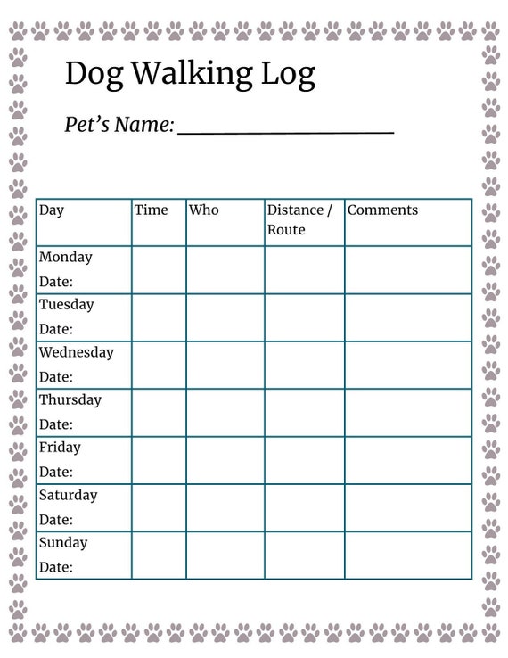 Printable Dog Walking Log: Pet Exercise Tracker (Digital Download)
