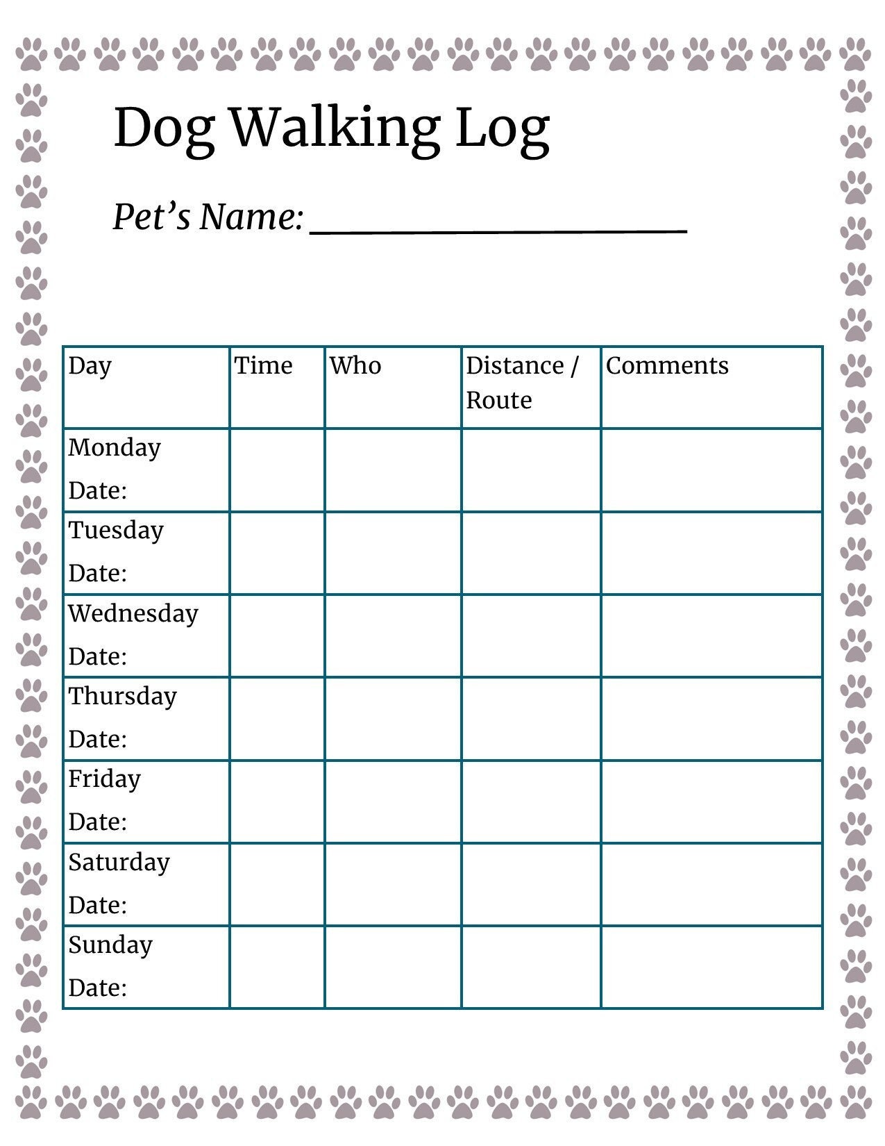 printable-dog-walking-log-dog-walking-tracker-pet-log-dog-etsy