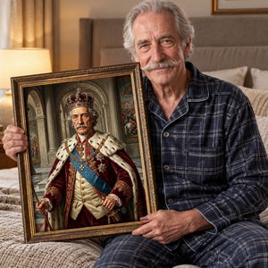 Op de afbeelding: Een ingelijst portret van een koninklijk figuur gekleed in een dieprode fluwelen mantel met gouden borduursels, een witte cape met bontrand en een met juwelen bezette kroon, tegen een architecturale achtergrond met zuilen.