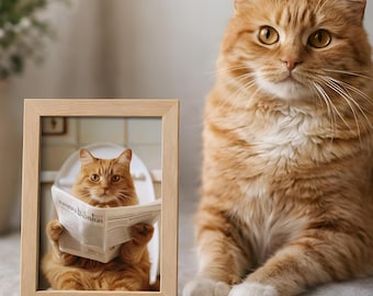 Funny Cat Portrait, Custom Pet from Photo, Cat on Toilet Art, Dog Bathroom Art, Pet in Bathtub Print, Custom Dog Painting, Funny Cat Poster