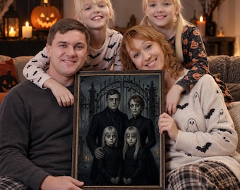 Gothic Family Portrait from Photo, Whimsical Halloween Portrait, Spooky Family Art, Dark Illustration, Creepy Poster, Halloween Gift