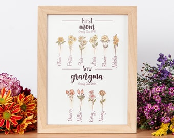 Regalo per la prima mamma, ora nonna, stampa con bouquet di fiori di nascita, poster personalizzato per la famiglia, regalo per la festa della mamma, arte per nonna, regalo per la bisnonna