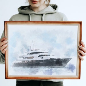 Bootschilderij Gepersonaliseerde tekening, portret jachtboot, cadeau voor bootliefhebber, aquarel bootschets, gepersonaliseerd aquarelportret