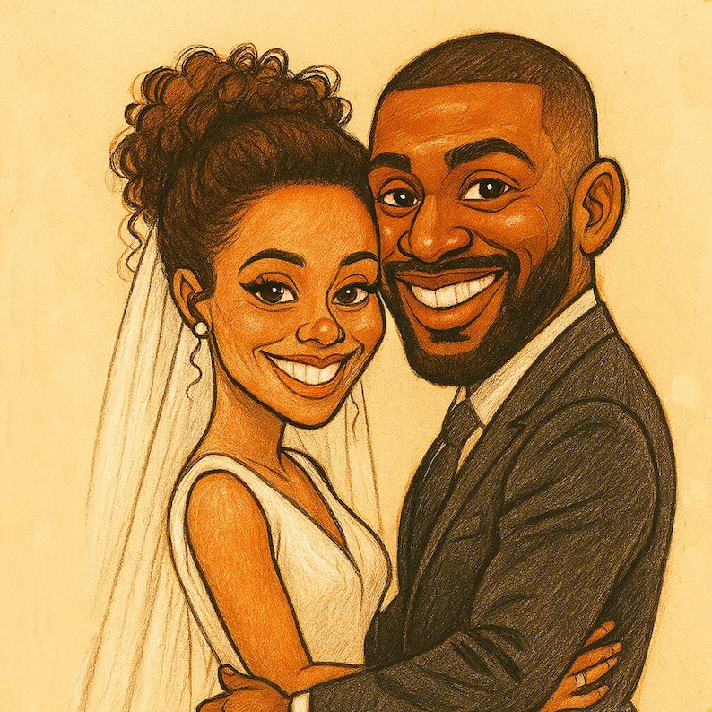 Pu&ograve; includere: Un bozzetto a matita di una coppia sorridente il giorno del loro matrimonio. La donna indossa un abito bianco e un velo, mentre l'uomo &egrave; in abito scuro e cravatta. L'opera d'arte ha una calda tavolozza di colori seppia.