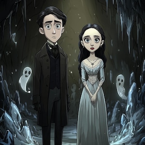 May include: An illustration of two figures in a dark cave with glowing white spirits. One figure wears a dark coat and trousers, while the other wears a long, pale blue dress with a corset-style bodice and a necklace with a key pendant.