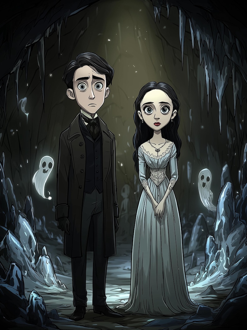 May include: An illustration of two figures in a dark cave with glowing white spirits. One figure wears a dark coat and trousers, while the other wears a long, pale blue dress with a corset-style bodice and a necklace with a key pendant.