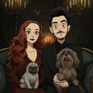 May include: A digital illustration of two people sitting on a dark sofa, one with long wavy red hair in a maroon dress and the other with dark hair in a black suit. A light-colored pug and a fluffy brown dog sit on their laps in a dim room.