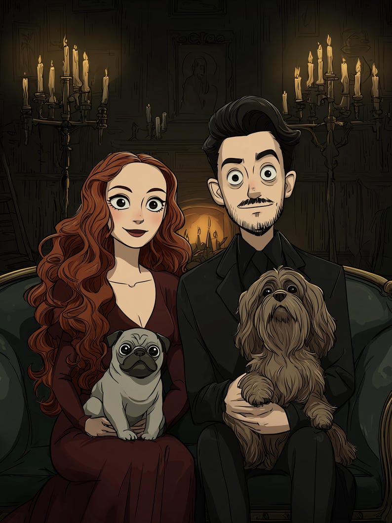 May include: A digital illustration of two people sitting on a dark sofa, one with long wavy red hair in a maroon dress and the other with dark hair in a black suit. A light-colored pug and a fluffy brown dog sit on their laps in a dim room.