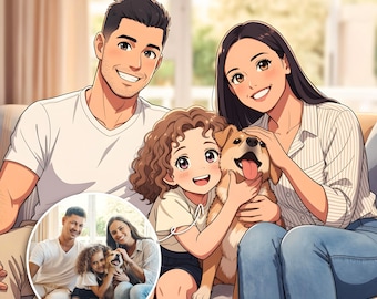 Anime Couple & Family Portrait, Custom Anime Portrait from Photo, Personalized Anime Art, Anime Pet Portrait, Unique Gift for Loved One