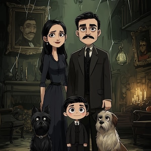 May include: A digital illustration of a family consisting of a person in a long dark dress, a person in a dark suit with a tie, and a child in a dark suit, standing with a black dog and a brown and white shaggy dog in a dimly lit room.