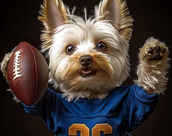 Retrato personalizado de perro de fútbol americano, regalo divertido para un fanático del fútbol, amante de los perros, arte canino deportivo, retrato de jugador de equipo de fútbol