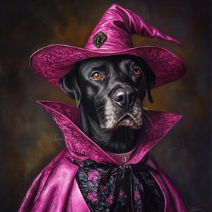 May include: A black dog with amber eyes wearing a vibrant pink pointed hat with a dark emblem and a matching pink high-collared cape. The cape features a black and pink floral patterned fabric at the chest, secured with a black ribbon tie.