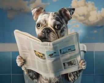 Dog Portrait in Toilet, Dog Read Newspaper in Toilet, Dog in Bathtub Print, Funny Pet Portrait, Bathroom Poster, Custom Bathroom Wall Art