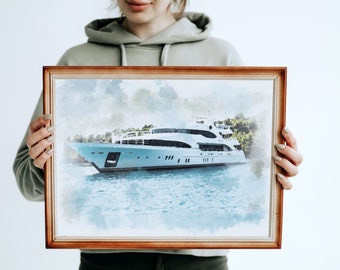 Custom Boat Painting from Photo, Personalized Yacht Portrait, Watercolor Boat Art, Sailing Gift for Dad, Boat Lover Gift, Nautical Wall Art