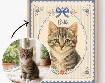 Custom Framed Pet Portrait from photo, Cat Lover Gift, Animal Drawing Wall Art, Cat Caffe Poster