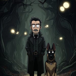 May include: A cartoon illustration of a man with a mustache wearing a long black coat and a bow tie, standing next to a German Shepherd dog. They are positioned in a dark, dense forest with glowing yellow eyes peering from the twisted trees.