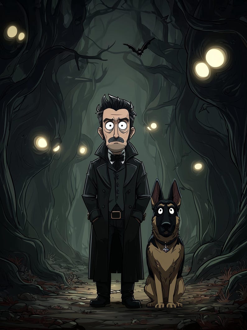 May include: A cartoon illustration of a man with a mustache wearing a long black coat and a bow tie, standing next to a German Shepherd dog. They are positioned in a dark, dense forest with glowing yellow eyes peering from the twisted trees.