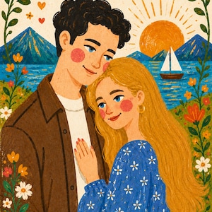 Peut inclure: Une illustration numérique de deux personnes s'enlaçant, entourées d'une bordure florale. L'une a des cheveux bruns bouclés et une veste marron, l'autre a de longs cheveux blonds et une robe bleue à fleurs. Le fond montre des montagnes, un soleil et un voilier.
