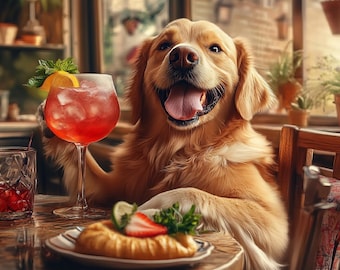 May include: A golden retriever with its mouth open sits at a table with a large stemmed glass filled with a red beverage, ice, and an orange slice, alongside a small plate featuring a pastry topped with a strawberry slice and green garnish.