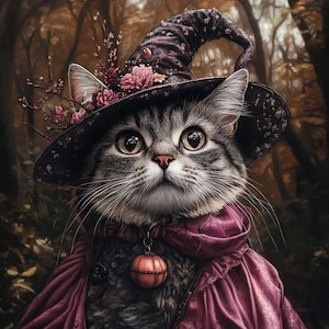 Op de afbeelding: Een grijze tabbykat die een paarse en zwarte heksenhoed draagt met roze bloemen. De kat draagt een roze en paarse cape en een gouden ketting met een pompoenbedel.