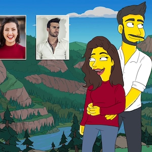 May include: A cartoon illustration of a couple in a landscape setting. The woman is wearing a red shirt and blue jeans. The man is wearing a white shirt and blue jeans. They are both smiling and looking at each other.