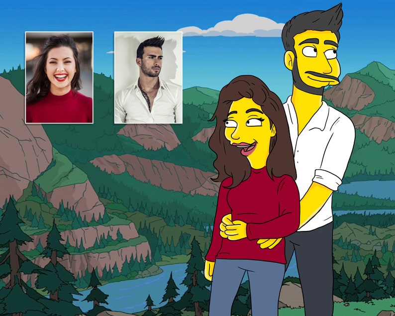 May include: A cartoon illustration of a couple in a landscape setting. The woman is wearing a red shirt and blue jeans. The man is wearing a white shirt and blue jeans. They are both smiling and looking at each other.