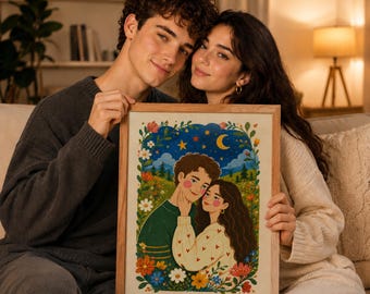 Personalized Couple Portrait, Custom Digital Art from Photo, Romantic Folk Style Illustration, Anniversary Gift for Her or Him Decor