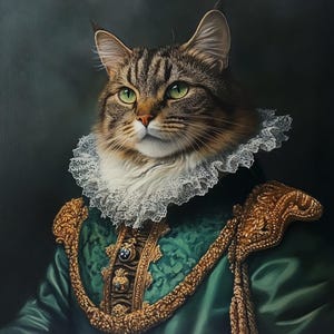 Könnte beinhalten: Eine Tabby-Katze trägt ein grünes und goldenes Kostüm mit einem weißen Spitzenkragen. Die Katze schaut nach links im Bild.