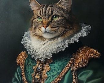 May include: A tabby cat wearing a green and gold costume with a white lace collar. The cat is looking to the left of the image.