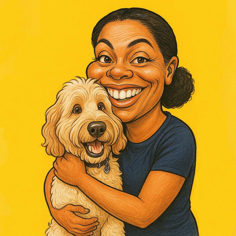 Pu&ograve; includere: Illustrazione digitale di una persona sorridente che abbraccia un cane golden doodle. La persona ha i capelli scuri e indossa una maglietta blu navy. Il cane ha un collare nero. Lo sfondo &egrave; giallo pieno.