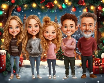 May include: A cartoon illustration of a family of five, smiling and standing in front of a Christmas scene. The background features a snowy cityscape, Christmas lights, and a decorated evergreen garland. The family members are wearing casual clothing.