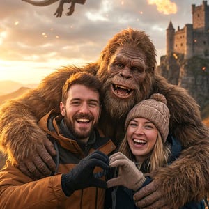 May include: A person with a beard in a brown jacket and black gloves, a person in a blue jacket and beige knit hat, and a large brown furry creature with long hair. They are smiling and forming a heart shape with their hands against a mountain backdrop.